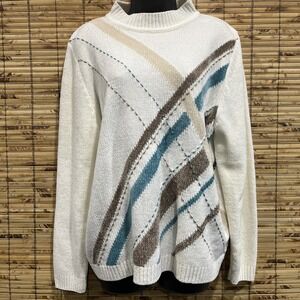 Alfred Dunner Sweater Womens L White Argyle Chenille Mock Neck Retro Grandmacore